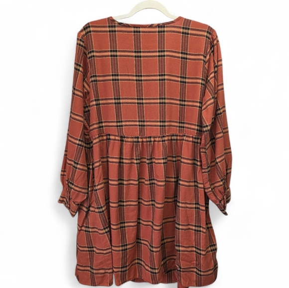 Knox Rose Terracotta Checkered Long Sleeve Dress Babydoll Mini XL Pockets V Neck - Picture 3 of 8
